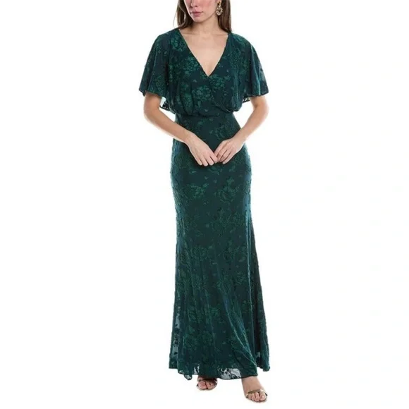adrianna papell green velvet dress Off The Shoulder Velvet Mermaid Gown With Organza Ruffle In Hunter main image 1